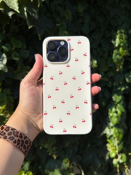 beyaz kirazlar baskılı desenli  süet telefon kılıfı
