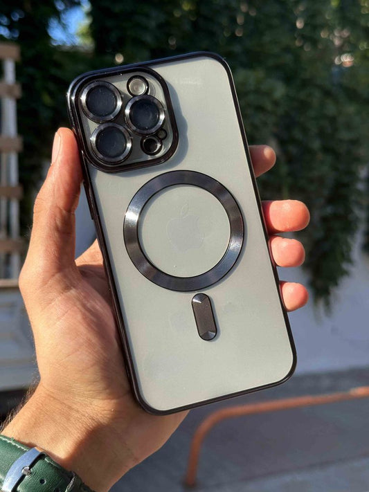Kamera Lens Korumalı Magsafe Şarj Kılıfı Şeffaf Renkli Yumuşak Kapak-Siyah