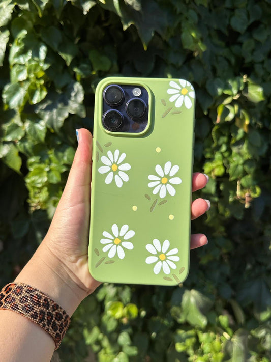 yeşil papatya baskılı süet telefon kılıfı