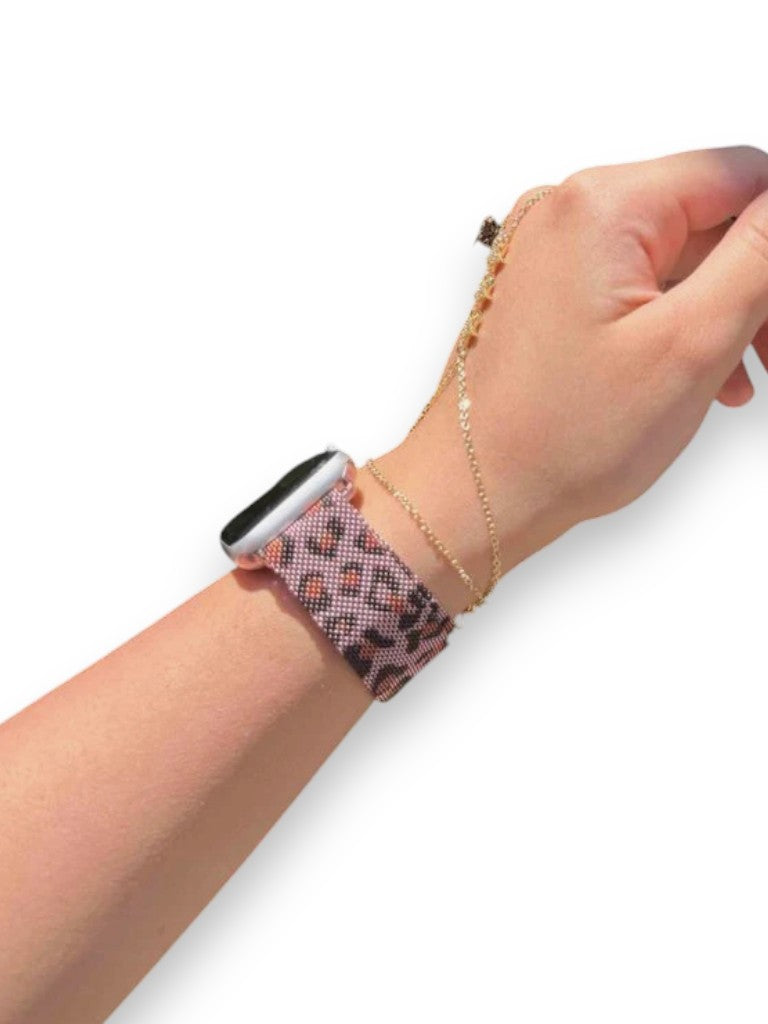 Pembe  Leopar Metal Hasır Kordon (Kopya)