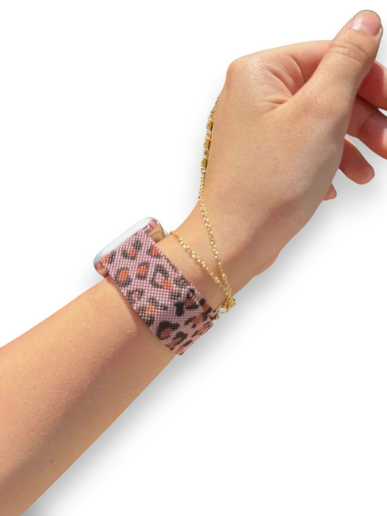 Pembe  Leopar Metal Hasır Kordon (Kopya)