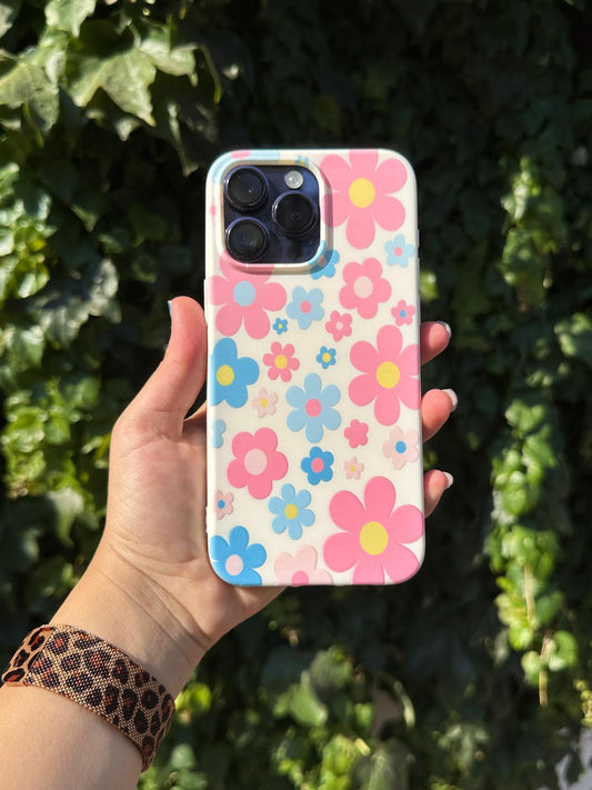beyaz çiçekler baskılı desenli  süet telefon kılıfı