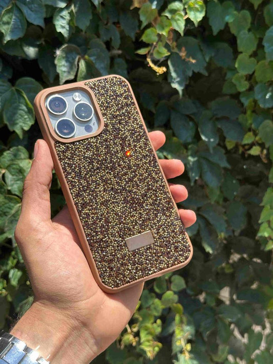 swarovski taş ve sim detaylı telefon kılıfı-kahverengi