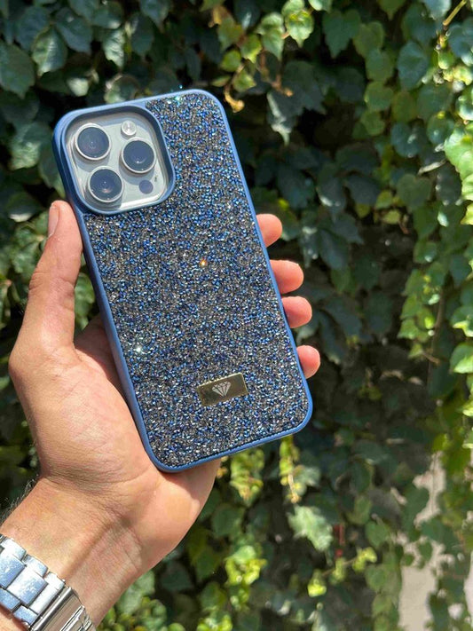 swarovski taş ve sim detaylı telefon kılıfı-lacıvert