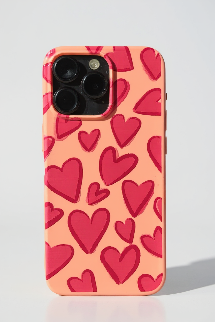 Pembe Zemin Üzerinde Kırmızı Kalpler Desenli Kılıf