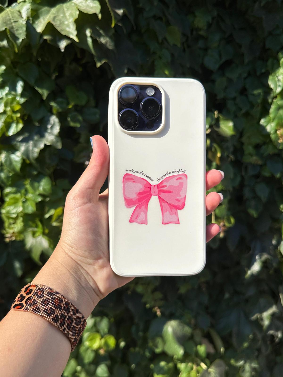 pembe kurdele fiyonk baskılı süet telefon kılıfı