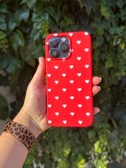 kırmızı beyaz kalpler desenli  süet telefon kılıfı